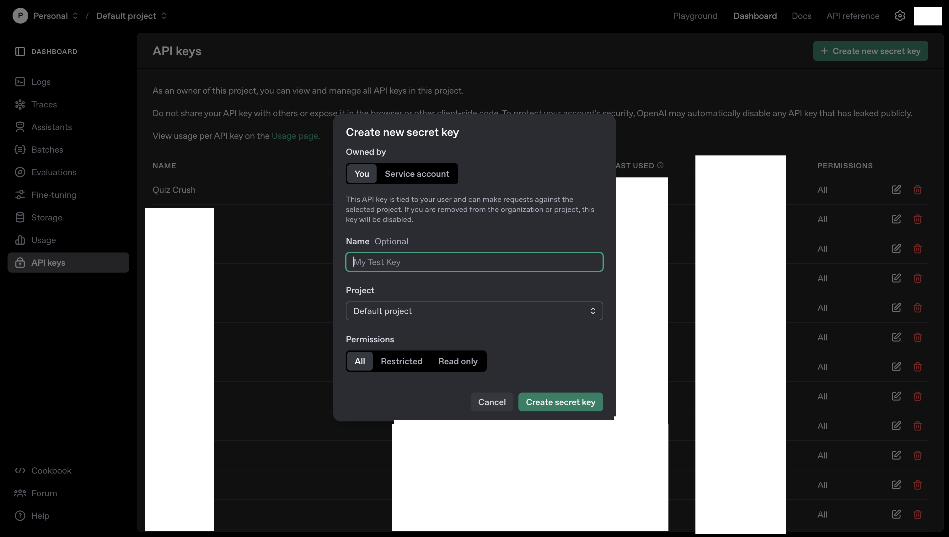Create new API key dialog